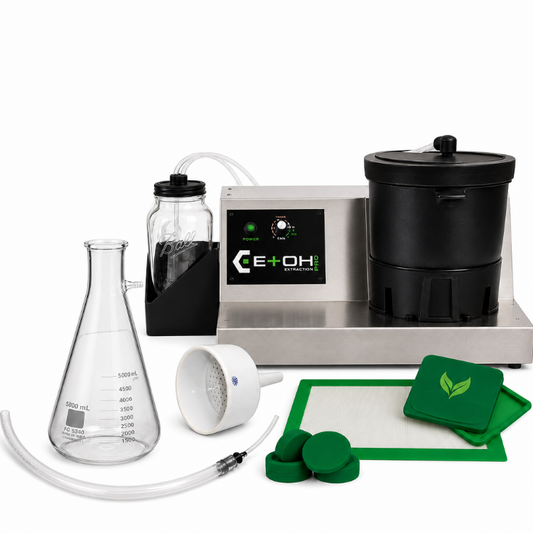 Scientific laboratory equipment including a beaker, funnel, and container on a white background